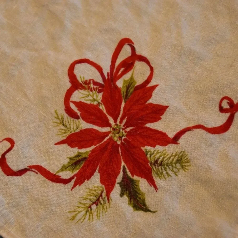 Vintage Christmas Poinsettia Tablecloth Square Holiday Red Green 50x50